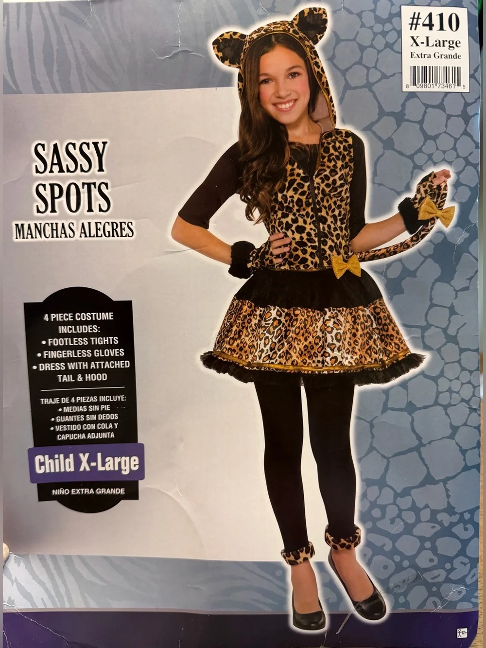 Sassy Spots Leopard Print Costume Girls Size XL Cat Feline Hooded Dress EUC
